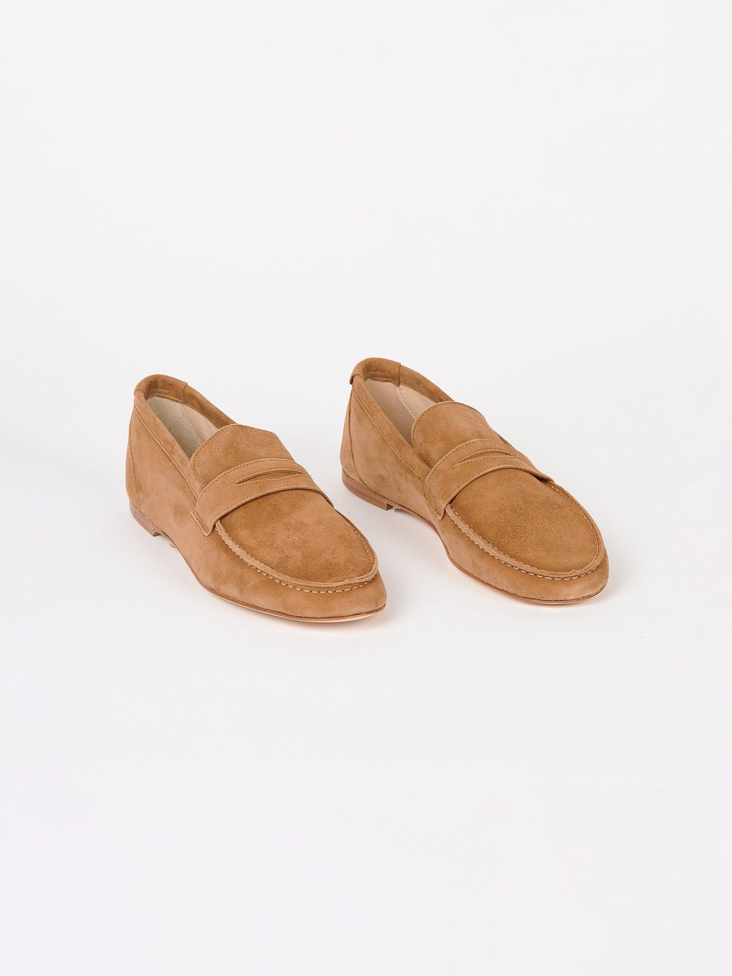 The Penny Loafer in Clove Suede Angled Front