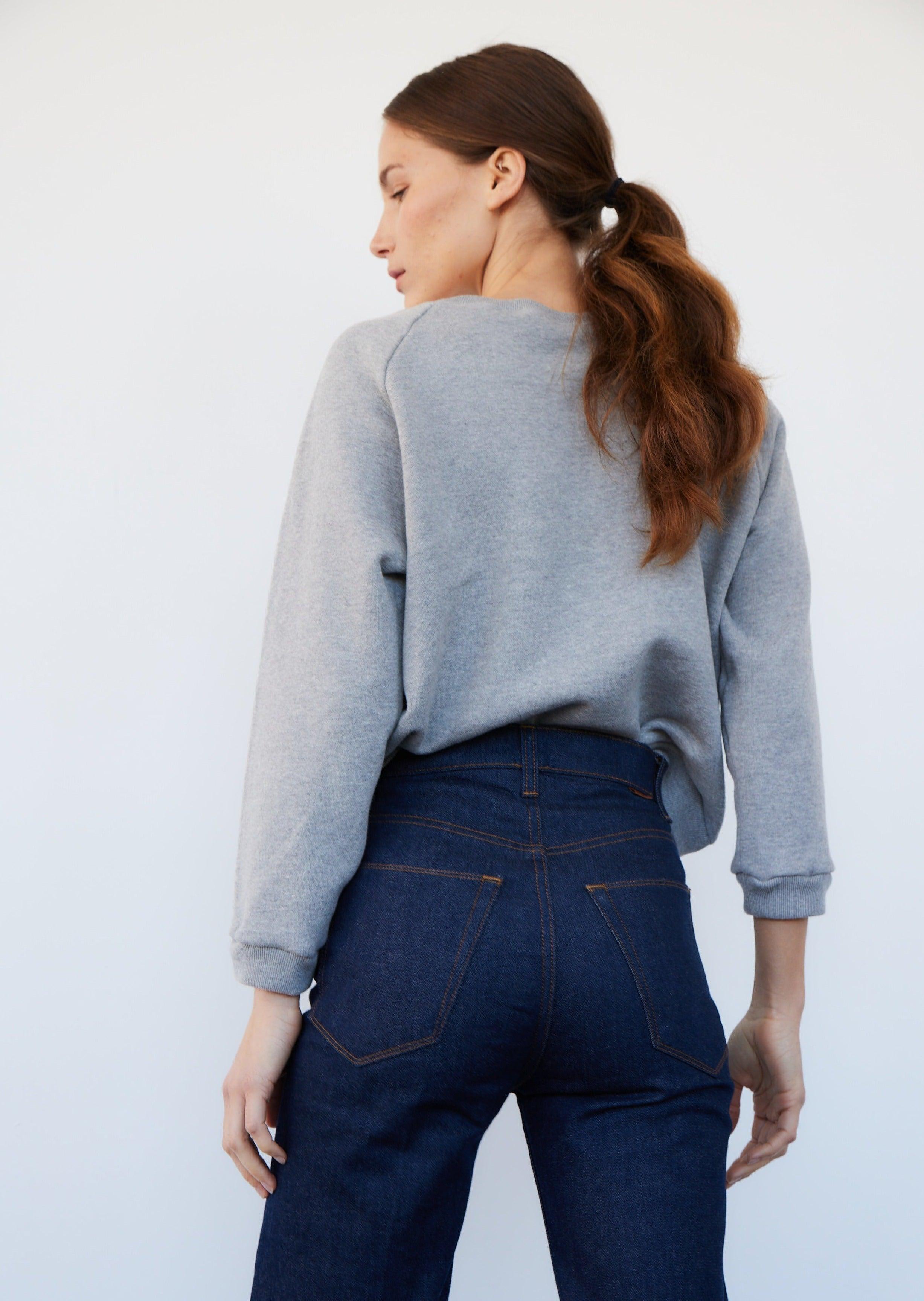 The Daily Sweatshirt in Heather Grey Back View Tucked In