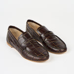 The Penny Loafer in Deep Brown Croc Angled Front