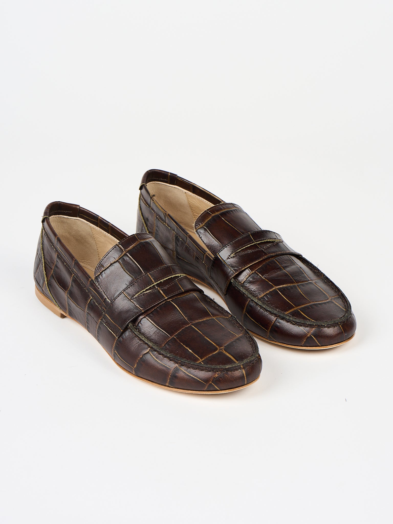 The Penny Loafer in Deep Brown Croc Angled Front