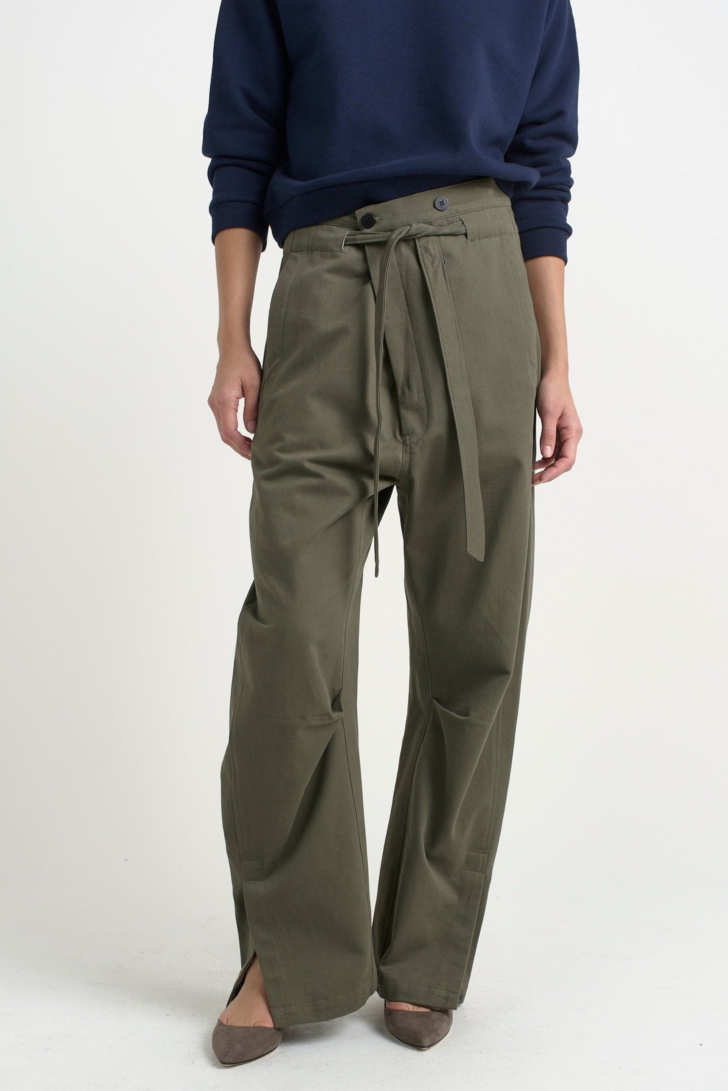 The Everything Pant in Olive. On body front - Jamie Haller