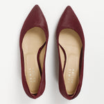 Top view of Jamie Haller claret ponyhair pointed toe kitten heel pumps with cream leather insoles and elegant cutout sides