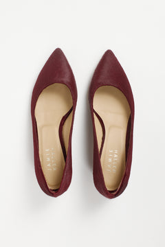 Top view of Jamie Haller claret ponyhair pointed toe kitten heel pumps with cream leather insoles and elegant cutout sides