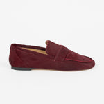 Side view of the Jamie Haller Penny Loafer in rich claret ponyhair, featuring a penny strap, moccasin toe, and low slip resistant sole