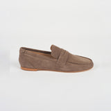 The Penny Loafer in Taupe Suede Side View