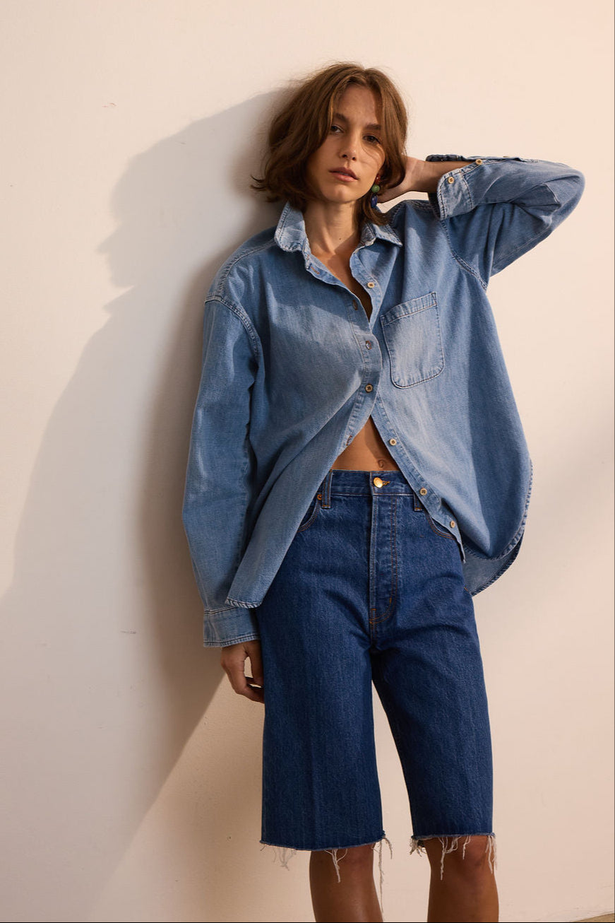 The Cut Knee Short in Farrah Indigo Front