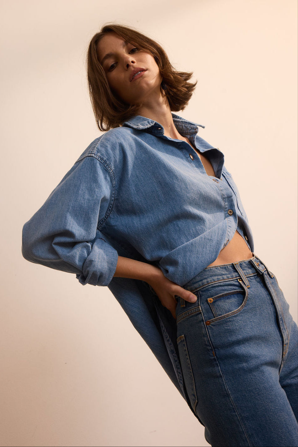 The Essential Shirt in Timeworn Indigo Angled Side