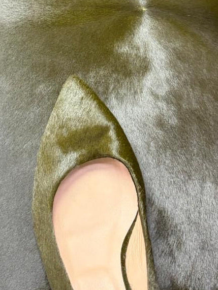 Jamie Haller moss green ponyhair pointed toe pump with a softly curved topline and smooth leather lining shown in close up