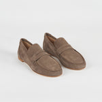 The Penny Loafer in Taupe Suede Angled Front View