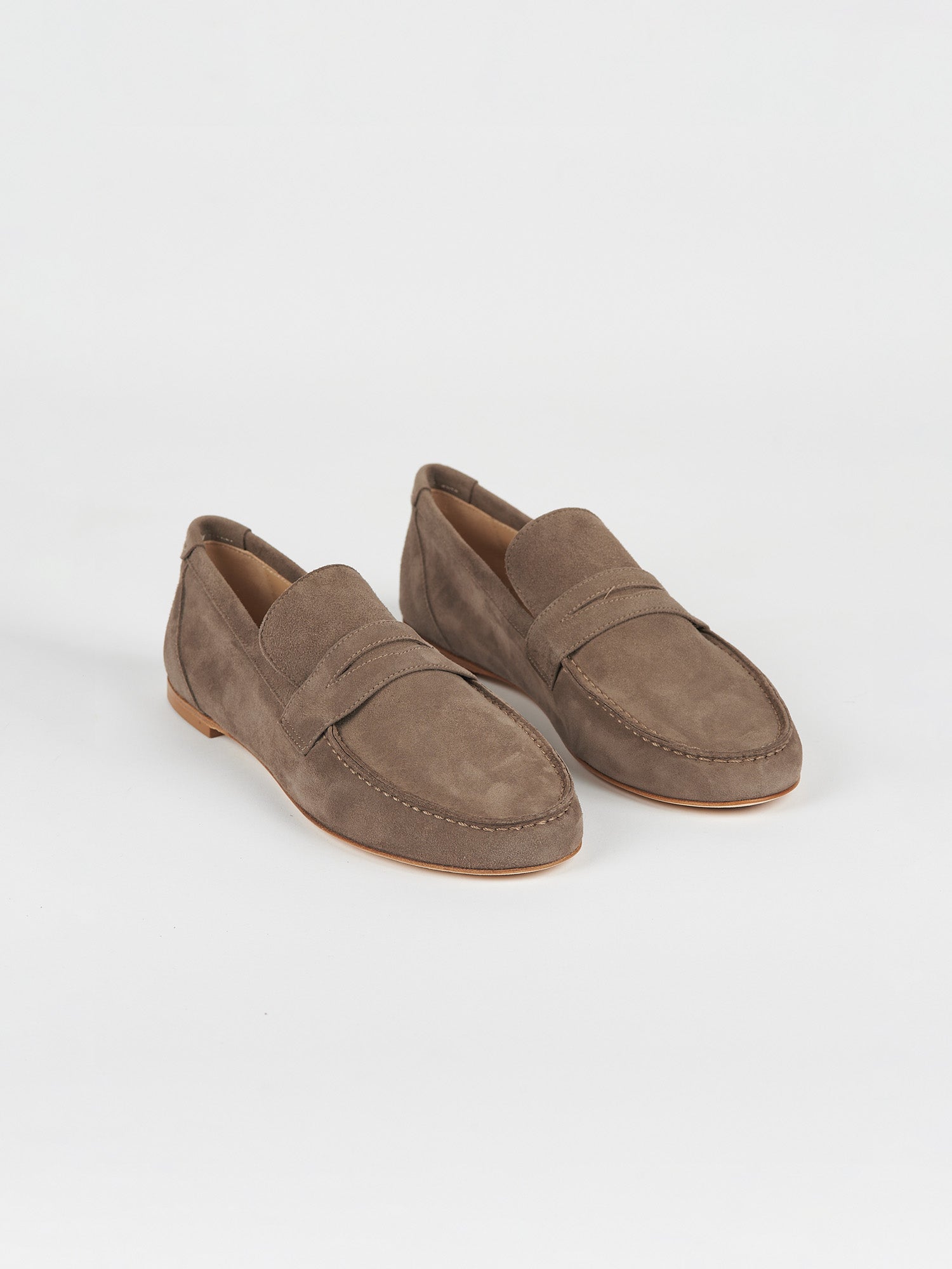 The Penny Loafer in Taupe Suede Angled Front View