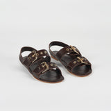 The Double Buckle Sandal in Espresso Croc Angled Front View