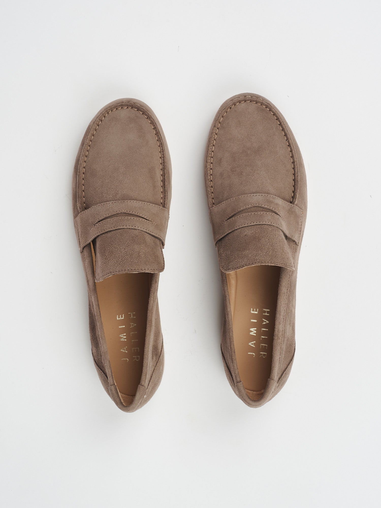 The Penny Loafer in Taupe Suede Flat View