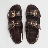 The Double Buckle Sandal in Espresso Croc Flat View