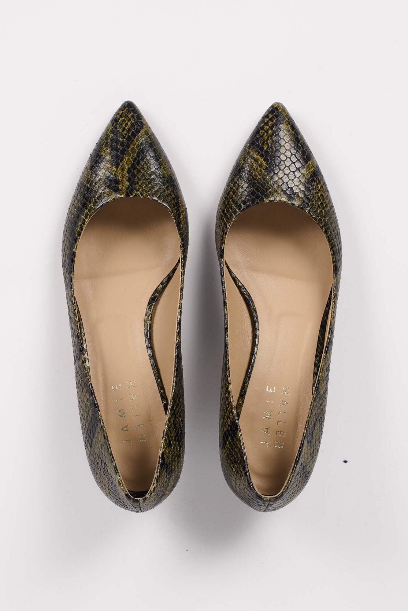 The Kitty Point Heel in Olive Snake