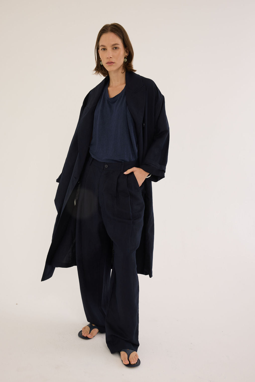 The Linen Baggy Trench Coat in Navy