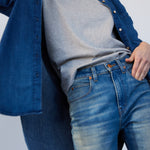 The Kenickie in Distressed Indigo. On body front - Jamie Haller