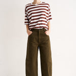 Person wearing a striped shirt and wide-leg pants on a white background