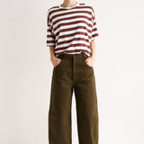 Person wearing a striped shirt and wide-leg pants on a white background
