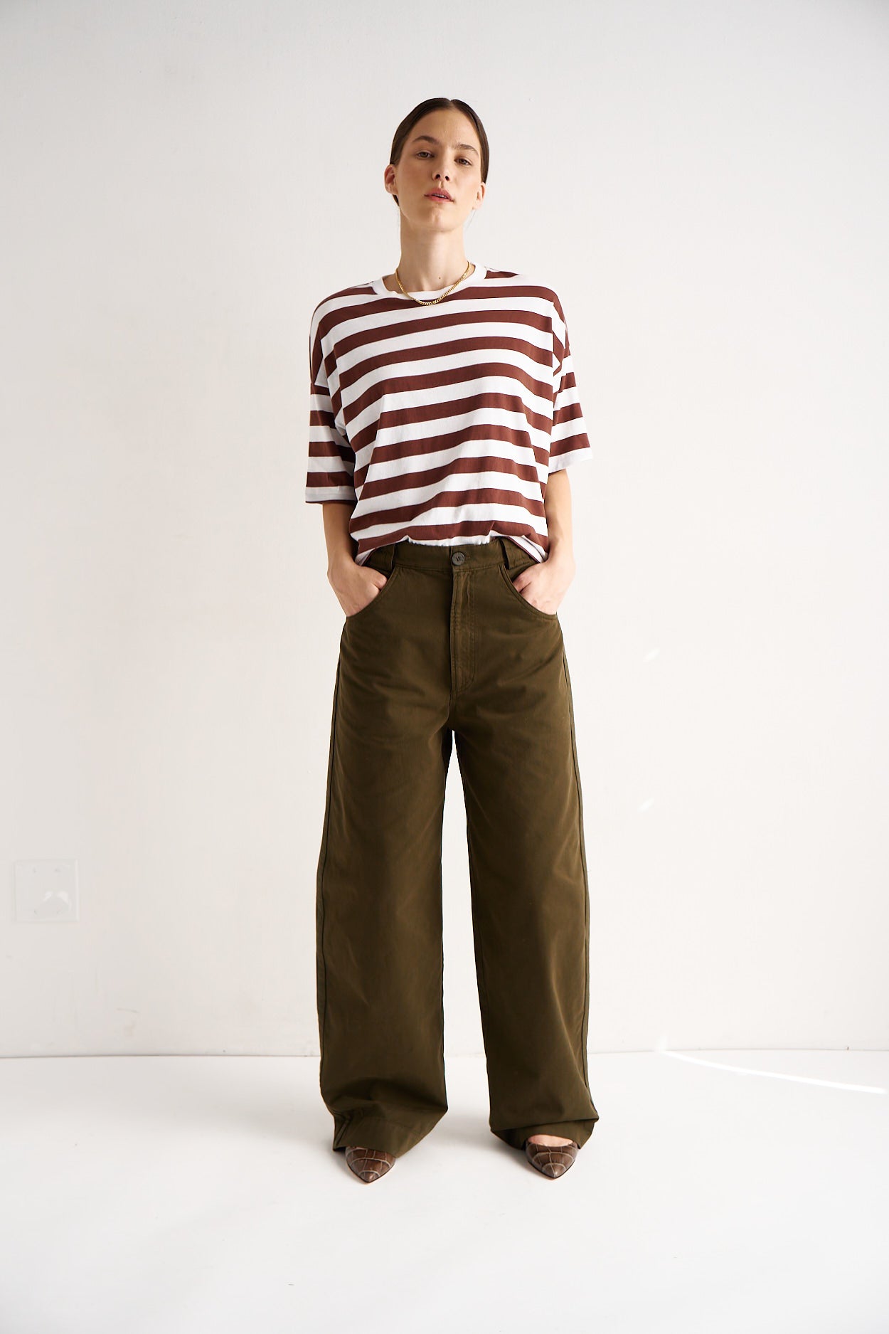 The Draped Tee in Brown Rugby Stripes