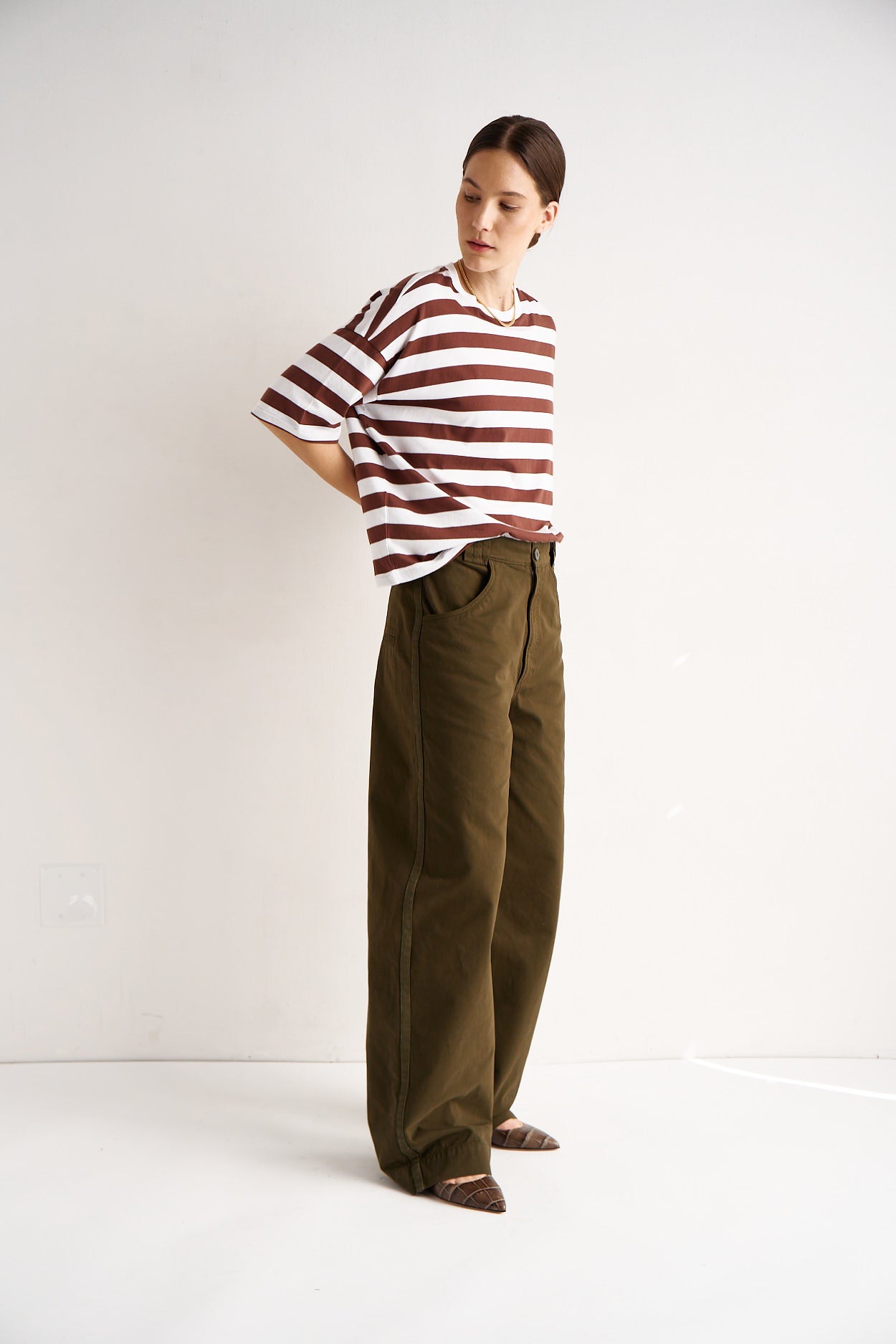 The Draped Tee in Brown Rugby Stripes