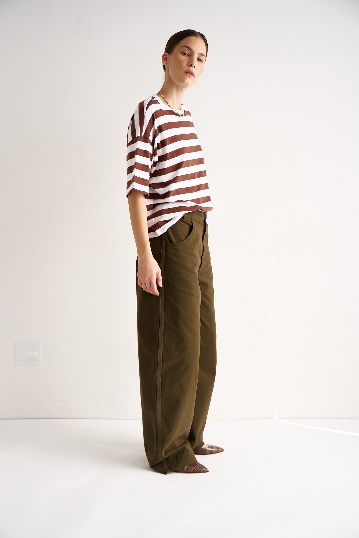 The Draped Tee in Brown Rugby Stripes