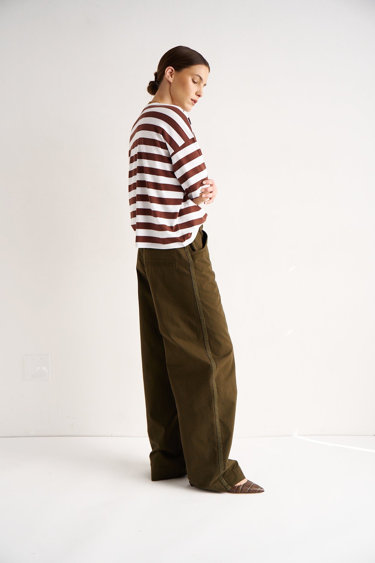 The Draped Tee in Brown Rugby Stripes