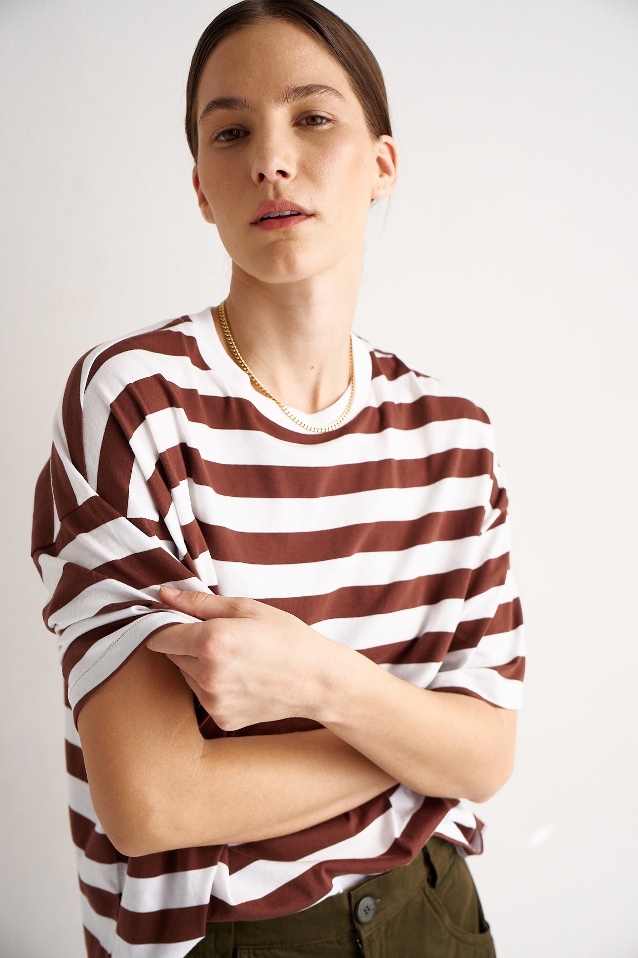 The Draped Tee in Brown Rugby Stripes