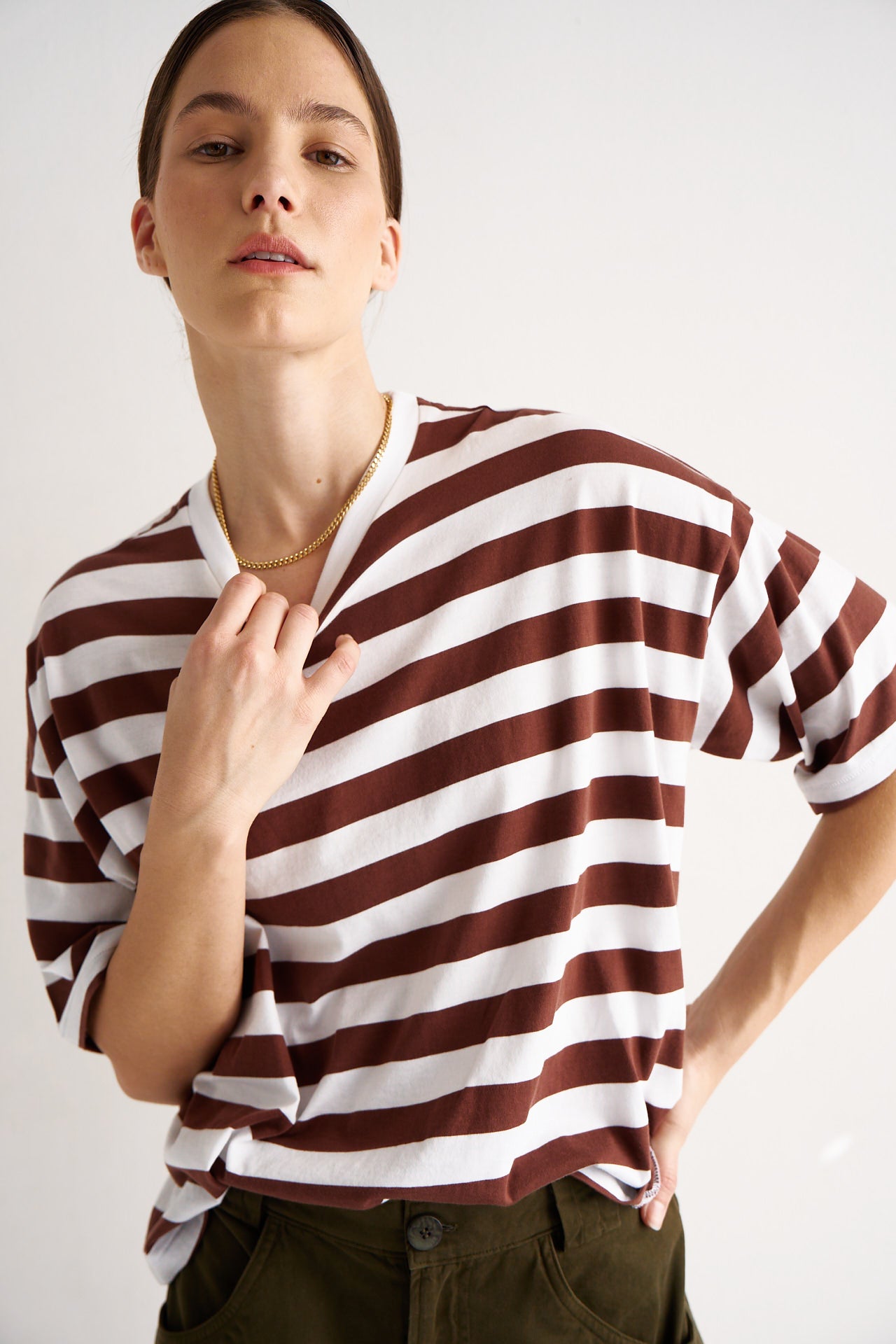 The Draped Tee in Brown Rugby Stripes