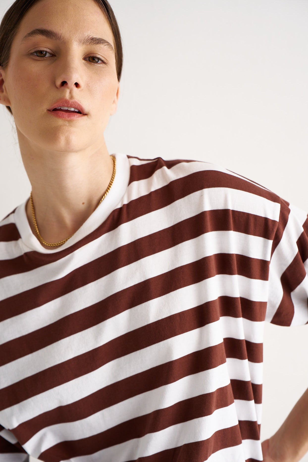 The Draped Tee in Brown Rugby Stripes