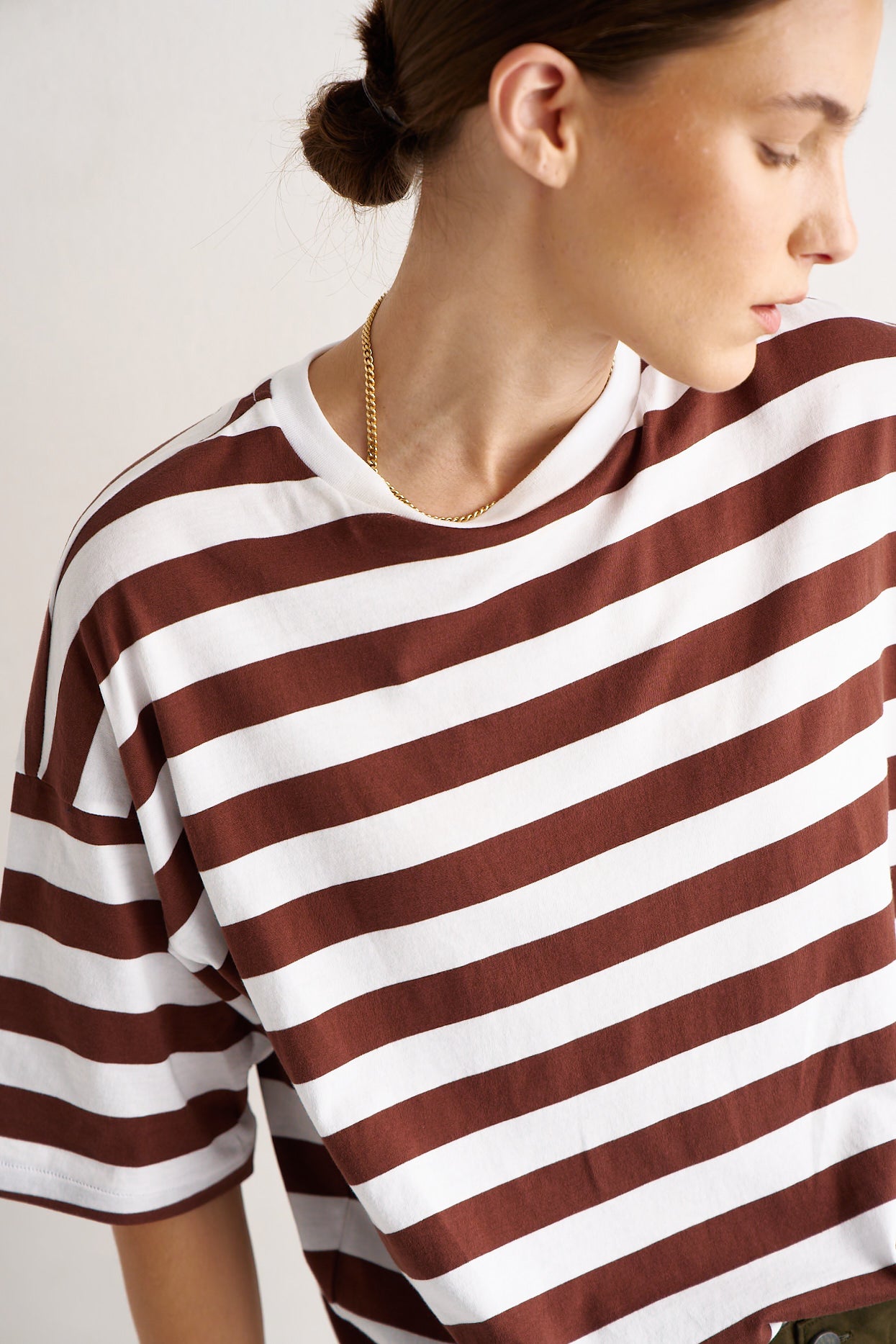 The Draped Tee in Brown Rugby Stripes