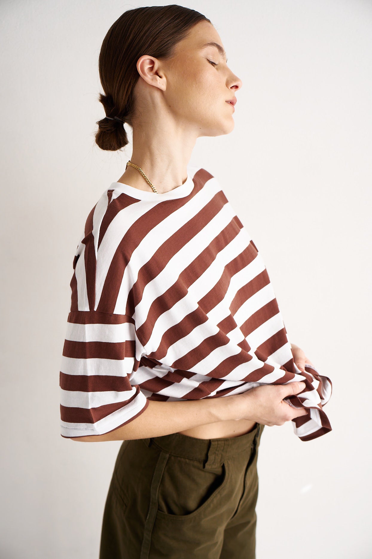 The Draped Tee in Brown Rugby Stripes