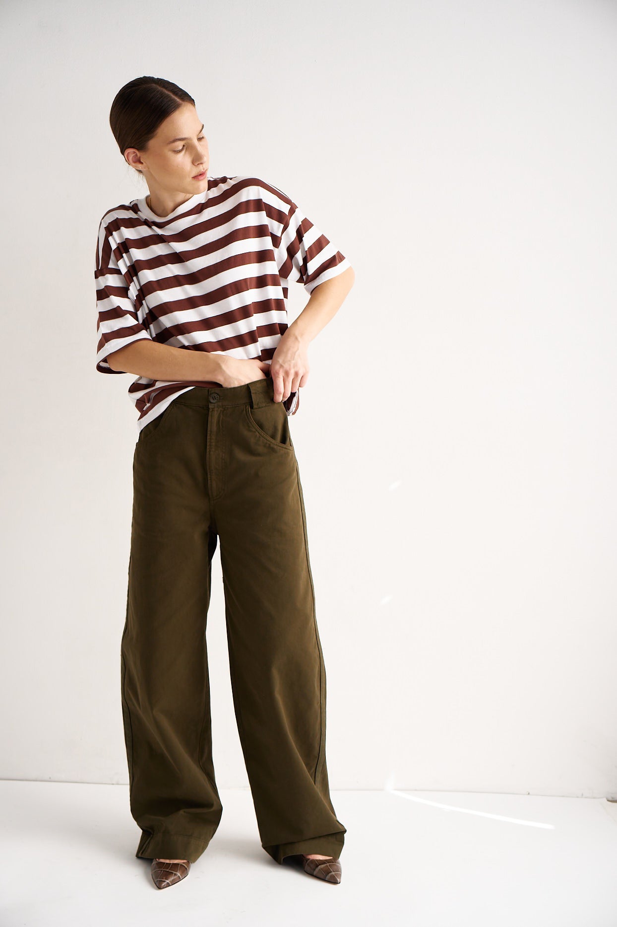 The Draped Tee in Brown Rugby Stripes
