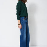 A woman stands in profile wearing a dark green long-sleeve top and blue wide-leg jeans against a plain white studio background.