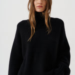 A woman wearing an oversized black knit turtleneck sweater, photographed against a clean light gray studio background.