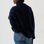 A person shown from the back wearing an oversized navy blue turtleneck sweater and blue jeans against a plain light gray studio background.