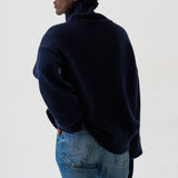 A person shown from the back wearing an oversized navy blue turtleneck sweater and blue jeans against a plain light gray studio background.