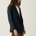 A model wearing a navy blue double-breasted blazer over a white top and olive green trousers, standing against a plain off-white studio background.