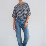 The Boxy Tee in Heather Navy Stripe