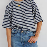 The Boxy Tee in Heather Navy Stripe