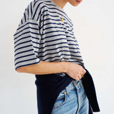 The Boxy Tee in Heather Navy Stripe