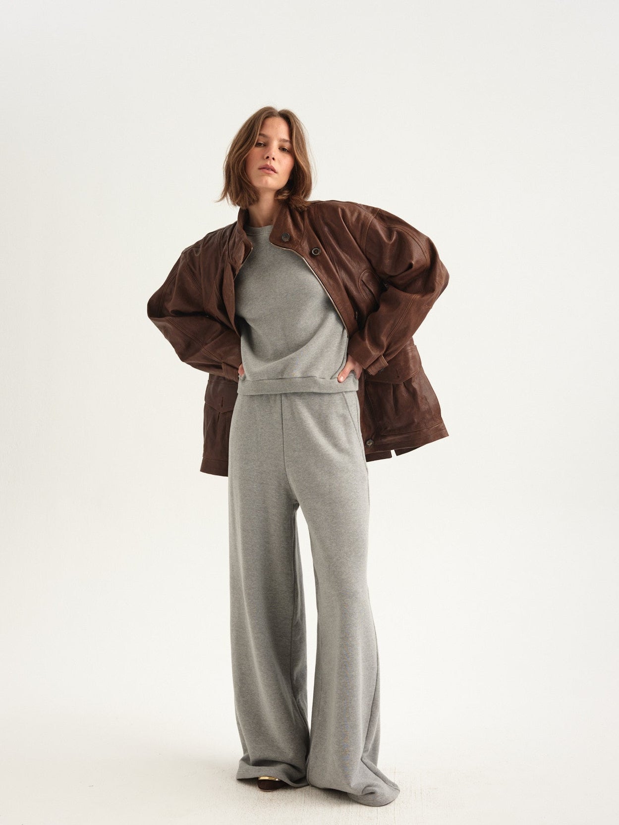 The Wide Leg Terry Trouser in Heather Grey