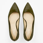 Top view of Jamie Haller moss green ponyhair pointed kitten heels with softly rounded openings and cream leather insoles on a white background