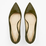 Top view of Jamie Haller moss green ponyhair pointed kitten heels with softly rounded openings and cream leather insoles on a white background