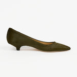 Jamie Haller moss ponyhair pointed toe kitten heel pump shown in side profile on a white background