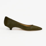 Jamie Haller moss ponyhair pointed toe kitten heel pump shown in side profile on a white background