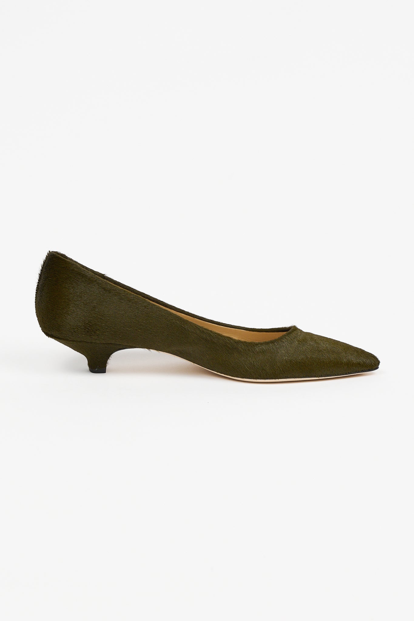 Jamie Haller moss ponyhair pointed toe kitten heel pump shown in side profile on a white background