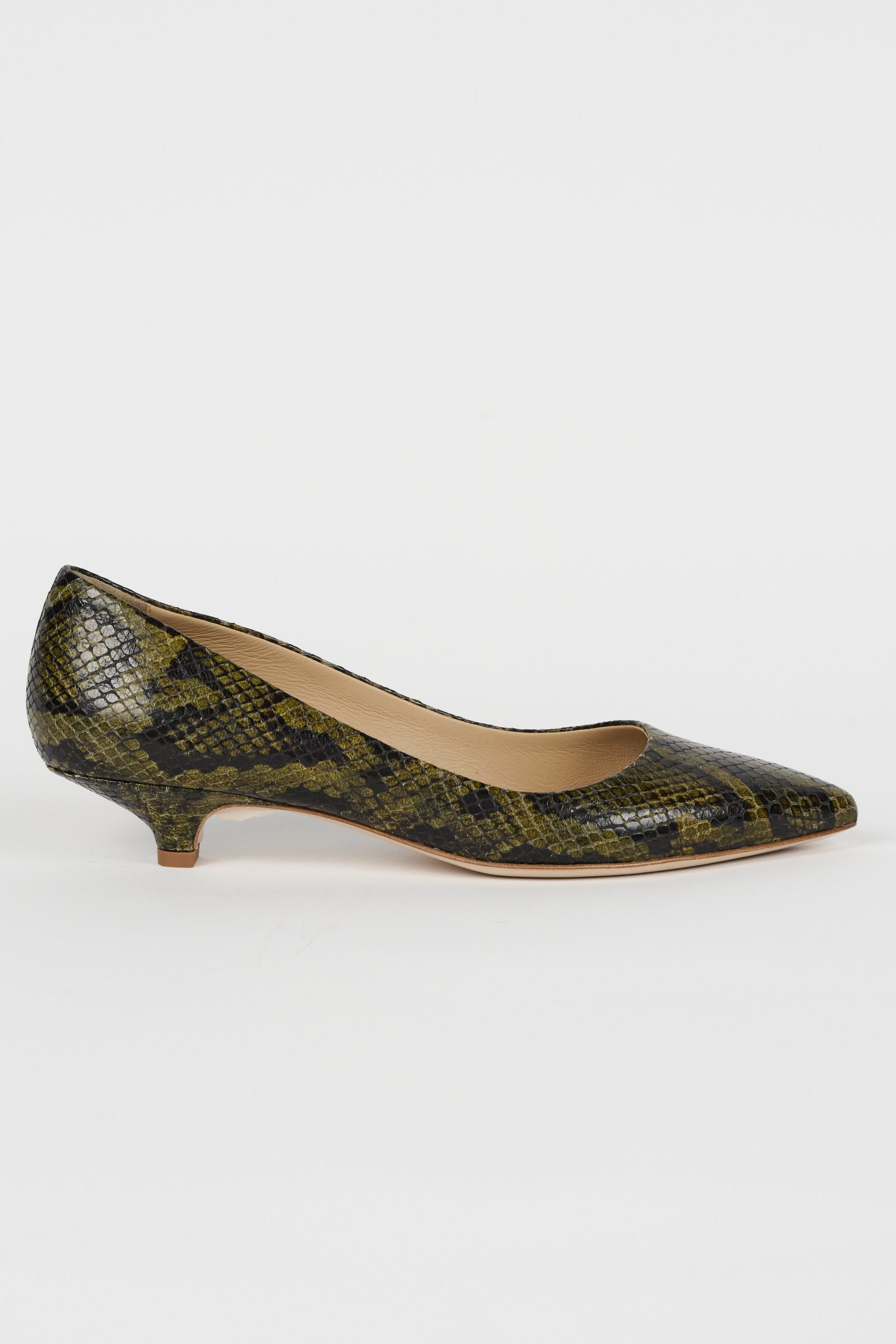 The Kitty Point Heel in Olive Snake