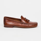 brown leather loafers on a white background