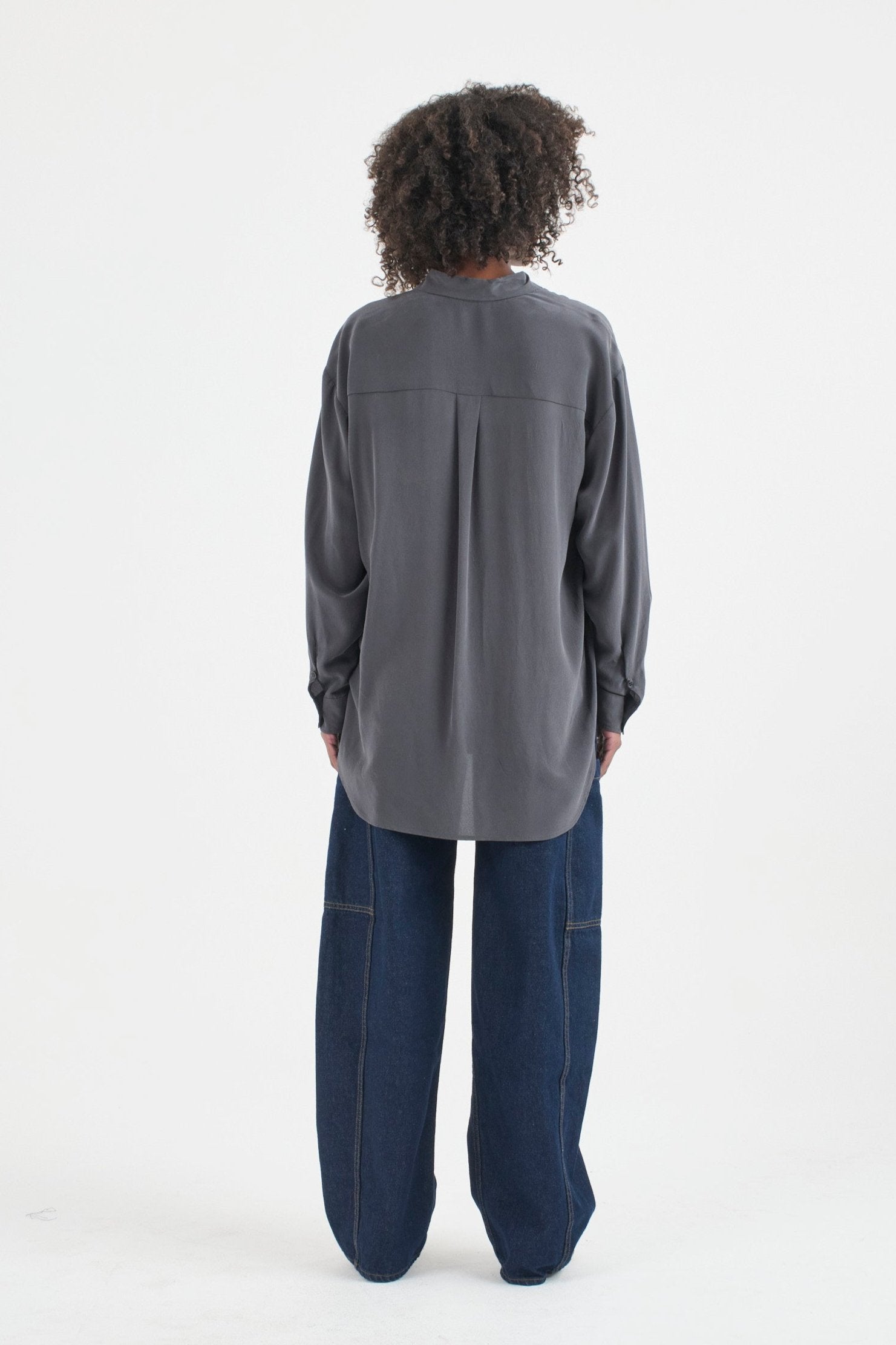 The Essential Silk Blouse in Dark Grey. On body back - Jamie Haller