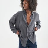 The Essential Silk Blouse in Dark Grey. On body front - Jamie Haller